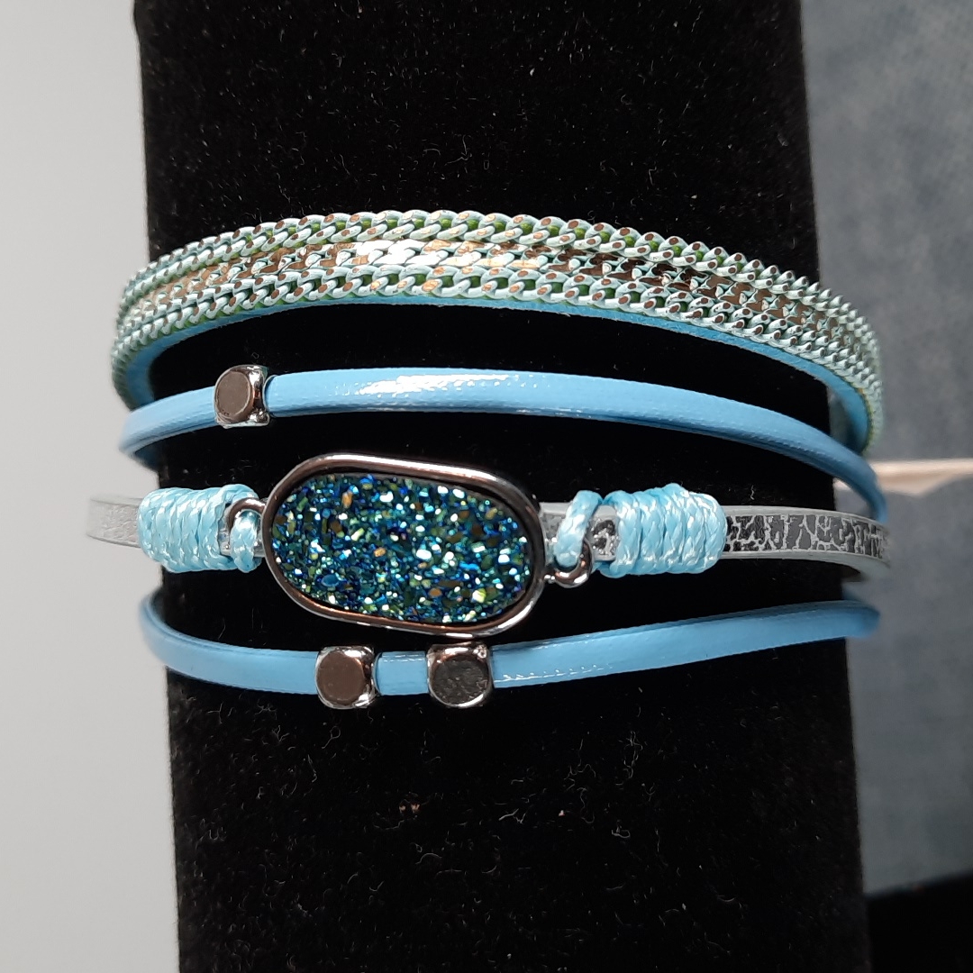 Blue Leather Silver Accent Oval Cut Druzy Stone Magnetic Closure Bracelet